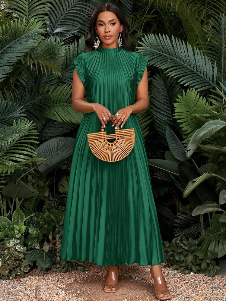 SHEIN Lady Vestido Longo Feminino Solto e Casual de Seda Pregueada com Mangas Curtas em Estilo Voo, Elegante para Festa, Quatro Estações, Aniversário e Eventos, Escritório, Casamento, Férias - Verde - Visão 1