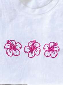 INAWLY Casual Flower Embroidery Short Sleeve T-Shirt, Summer