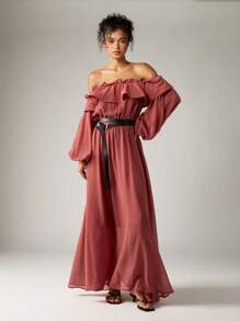 AiiRZ Off Shoulder Ruffle Maxi Dress Long Balloon Sleeve Empire Waist Special Occasion Flowy Chiffon Gown Wedding Guest Party Evening Formal Dress - Pink - View 4