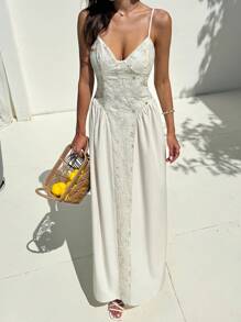 Aloruh Apricot Patchwork A-Line Dress, Suitable For Party, Ball, Vacation - Apricot - View 6