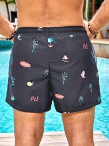 Palasendo Pantalones cortos de playa casuales con estampado y cordón para hombre, bañadores de playa, ropa de playa para hombre - Gris Oscuro - Ver 2