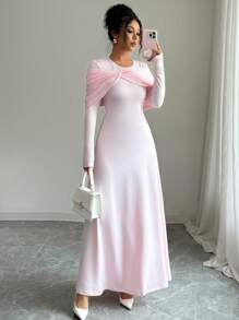 Elenzga Elegant Urban Women's Detachable Shawl Collar Long Sleeve Slim Fit Light Pink Dress,Autumn Tea Party Dress For Commuting And Fall Cloth - Pink - View 4