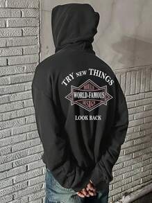 DAZY Men's Letter Graphic Hooded Sweatshirt, Autumn - Grey - View 6