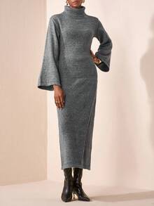 Zivah 2025 Herbst/Winter Neuerscheinung, Musikfestival, Abschlussfeier Saison, College Stil, Studentenmode, Alltags Lässig, Urlaub, Strand, Streetwear, Pendler Elegant, Outfit für Lehrerinnen, gehäkeltes grau meliertes Langarmkleid mit Schlitz an der Seite & weiten Ärmeln - Grau - Übersicht 5