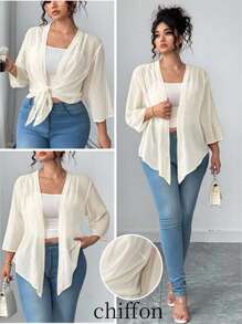 Elenzga 大码女式精致优雅梭织七分袖雪纺灰褐色修身夹克