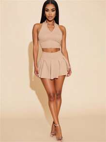 Zolique Solid Color Zipper Half Front Fashionable Tank Top And Solid Color Pleated Skirt Pants Set, Academic Sexy And Playful Style - Khaki - View 6