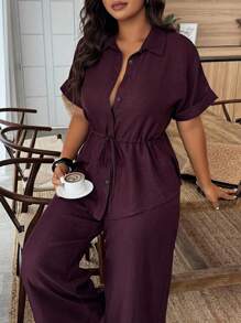 Weeklong Plus Size Summer Casual Solid Color Drawstring Waist Shirt And Pants 2 Pieces Set - Burgundy - View 4