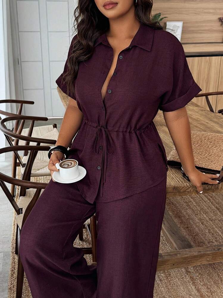 Weeklong Plus Size Summer Casual Solid Color Drawstring Waist Shirt And Pants 2 Pieces Set - Burgundy - View 4