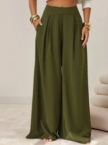 Vixey Fashionable Commuter Minimalist Solid Color Wide Leg Pants, Business Casual Woman, Office - Army Green - View 5