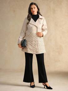 Flouryn Plus Size Women Elegant Commuter Lapel Patchwork Jacquard Fabric Overcoat - Khaki - View 4