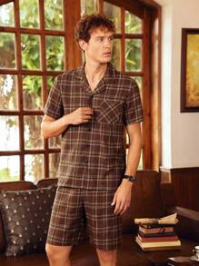 EverLounge Men Casual Plaid Woven Fabric Short Sleeve Top & Shorts Pajama Sets With Pocket Button Front Gentleman British Loungewear, Christmas - Green - View 3
