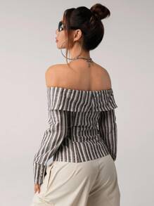 SHEIN ICON 女士条纹露肩性感露肩长袖衬衫 - 棕色 - 查看 2