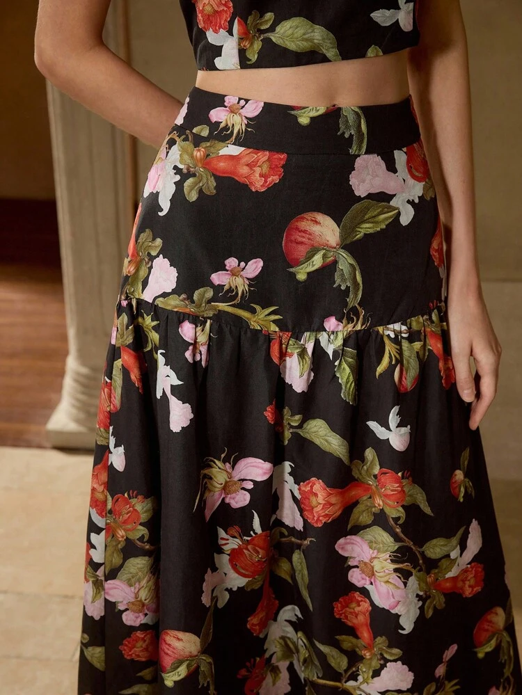 ALLOVER PRINT HIGH WAIST FLOWY HEM SKIRT