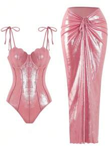 Swim Oasis 2 件套夏季新款高端闪亮材质贝壳装饰聚拢泳衣，女士连体泳衣