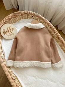 SHEIN Chaqueta térmica forrada con parches linda para niña, versátil para otoño/invierno - Caqui - Ver 5