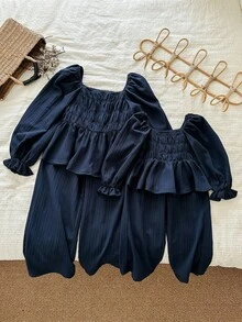 LMoss Kids LMoss  2pcs Tween Girl Woven Solid Puff Sleeve Casual Shirt And Loose Fit Pants Set Little Girl Co Ord Set Girls Spring And Autumn Suit Girls Blouse Set Tween Girl Peplum Top And Wide Leg Pants Girls Navy Two-Piece Set Teen Girls Outfit Sets,Ensemble,Herbst Outfit,Trousse Fall Winter