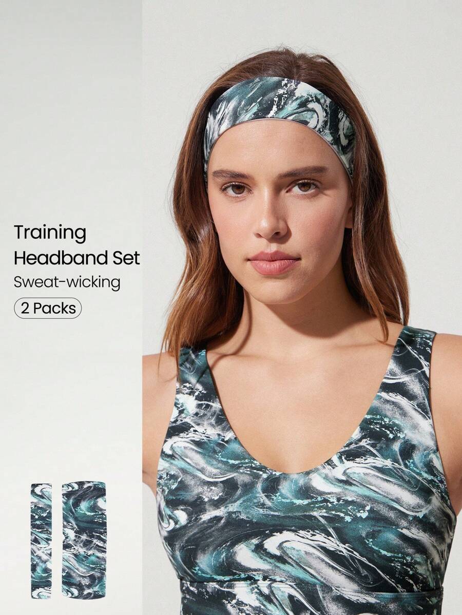 GLOWMODE FeatherFit™ 2-Pack Blue Marble Print Stretchy Soft Headband Set Gym Studio Travel Vacation Daily Active Wear - Green - View 1