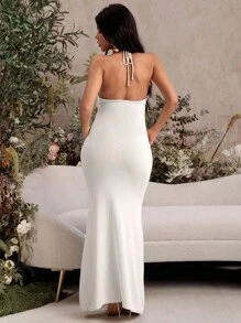 MaterniChic 孕妇优雅 3D 花朵露背针织中长连衣裙 - 杏色 - 查看 2