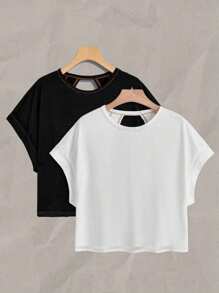 SHEIN Essnce 2 件女式休闲圆领露背蝙蝠袖 T 恤套装，复古风格，适合夏季度假，性感，可爱，Y2K Coconutgirl，波西米亚风，音乐节 - 彩色 - 查看 2