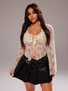 Rustia 大码女式杏色蕾丝透视性感长袖衬衫 - 杏色 - 查看 3