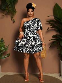 Maweii Plus Size Women's Elegant Vacation Style Floral Print One Shoulder Puff Sleeve Backless Belted Ruffle Hem A-Line Mini Dress, Spring/Summer - Black - View 5