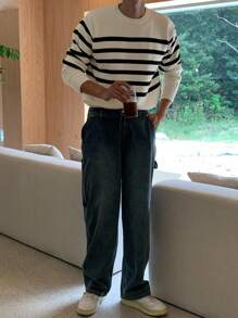 DAZY Áo len dệt kim sọc nhiều màu thường ngày cho nam, Thu/Đông - Đen và trắng - Xem 3