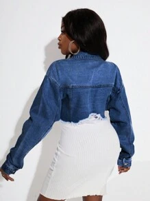 EURMUSE Chaqueta vaquera casual de mujer con mangas largas y bajo deshilachado - Azul lavado oscuro - Ver 2