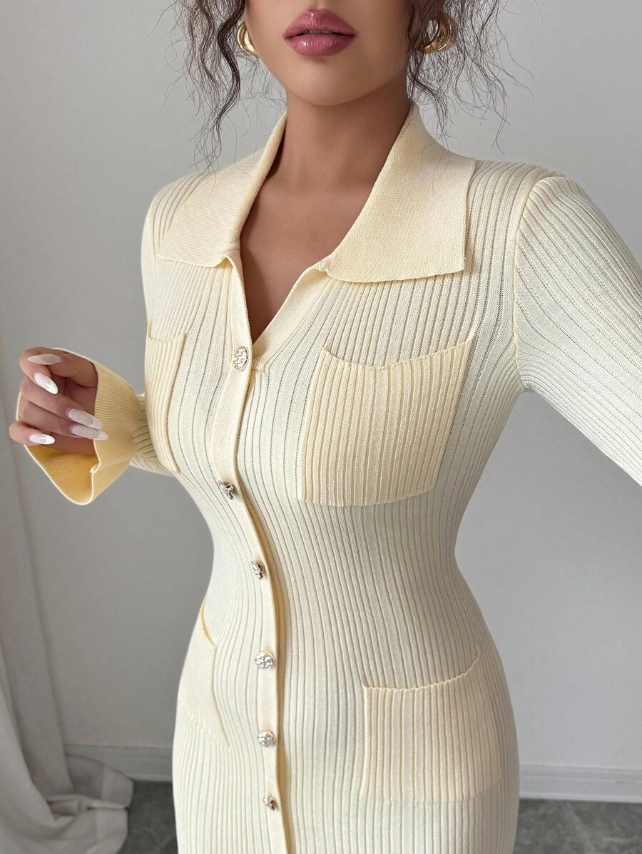 Selianne Elegant Ribbed Cream Yellow Ruffle Trim Collared Single-Breasted Fitted Waist Midi Knit Dress, Autumn/Spring - Yellow - View 1