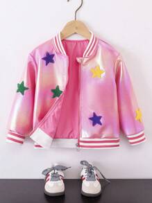 SHEIN Nouvelle veste zippée pour jeune fille pour l'automne/l'hiver, veste de baseball avec broderie 3D vibrante en forme d'étoile à cinq branches sur une serviette, tissu réfléchissant pour un look de rue , nouvelle arrivée pour l'hiver