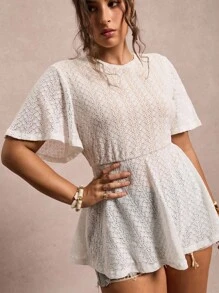 SHEIN VCAY Plus Size Casual Solid Color Textured Short Sleeve T-Shirt White Babydoll Top White Mesh Top Lace Top - Beige - View 4