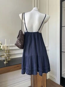 SHEIN EZwear 大码纯色简约休闲吊带连衣裙 - 藏蓝色 - 查看 2