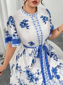 Modelyn Đầm suông họa tiết hoa tay bèo nhún thanh lịch mặc hàng ngày cho nữ cỡ lớn - Màu xanh lam - Xem 3