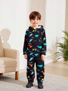 SHEIN Young Boy Loose Comfortable All-Over Cartoon Dinosaur Print Hooded Jumpsuit, Back To School Season Fall Winter