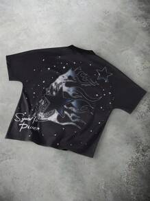 Manfinity ZONE917 Men's Black Graphic T-Shirt With Skull Print And Stars, Hip-Hop Streetwear Style - Black - View 2