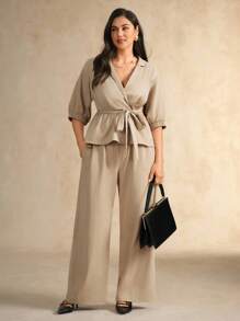 Flouryn Plus Size Women's Solid Color Fashion 2 Pieces Set, Collared Puff Sleeve Cinched Waist Blouse And Casual Wide Leg Pants Suit - Apricot - View 1