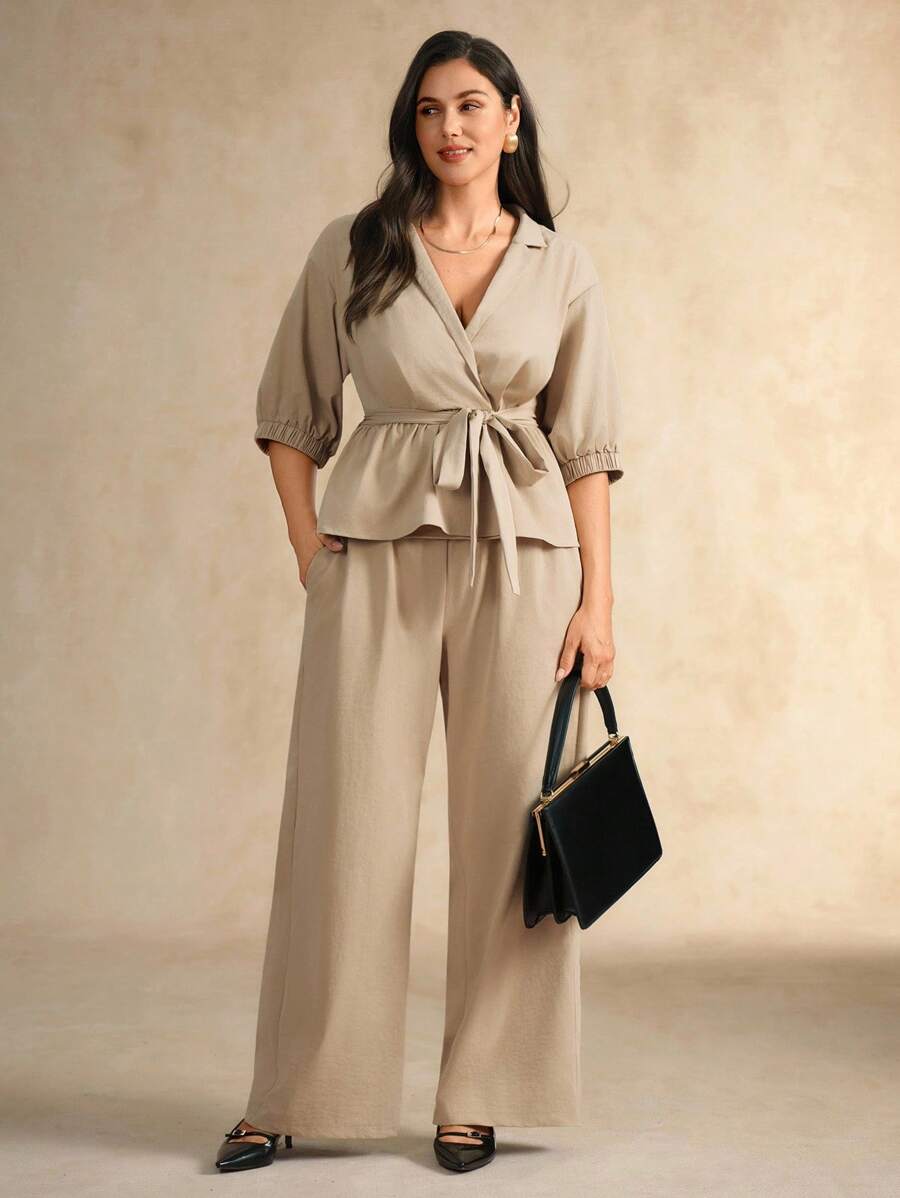 Flouryn Plus Size Women's Solid Color Fashion 2 Pieces Set, Collared Puff Sleeve Cinched Waist Blouse And Casual Wide Leg Pants Suit - Apricot - View 1