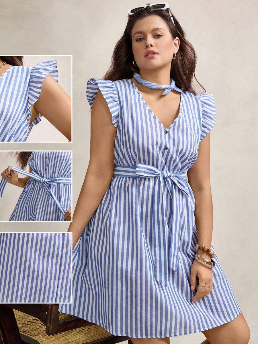 Zelara Plus 1pc Striped Print Ruffle Trim Belted Dress, Summer Back To School Back To School School Clothes Back To School Clothes  Homecoming Dress Teacher Striped - Blue and White - View 1