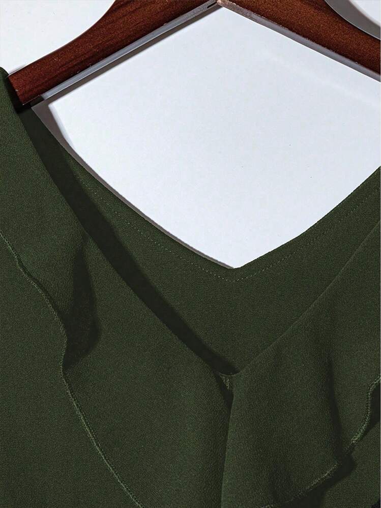 GlowEve 女式休闲纯色荷叶边下摆衬衫 - 軍綠色 - 查看 6