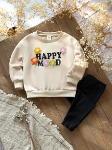 SHEIN Baby Girl Beige Autumn Casual Family Matching Happy Mood Floral Sweatshirt And Black Crisscross Leggings Set,Minimalist Round Neck Pullover Outfit - Apricot - View 2