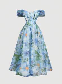 SHEIN MOD 加大码蓝色花卉数码印花露肩中长连衣裙，宫廷风格。女士夏装。花园派对礼服，女士生日礼服，女士节日服装，女士连衣裙 - 彩色 - 查看 13