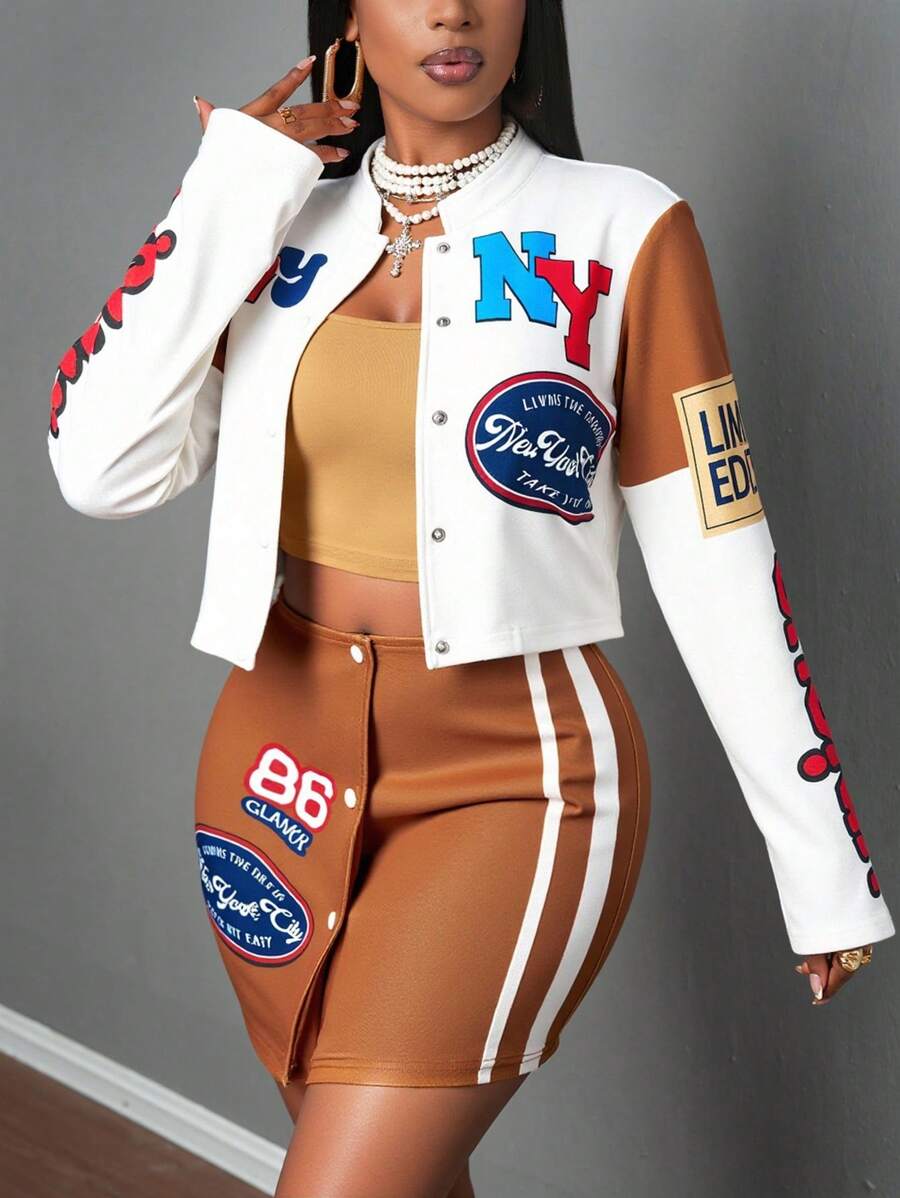 Slaydiva 3pcs/Set Motorcycle Style Print Jacket, Cami Top And Mini Skirt Outfit, Autumn/Winter,With Letter Graphic Print - Multicolor - View 1