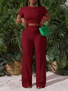 Slaydiva Bộ đồ thể thao giản dị cơ bản mới cho mùa xuân và mùa hè, áo phông ngắn tay cổ tròn + quần ống rộng siêu dài, họa tiết sọc đỏ hồng, vải dệt kim, dành cho nữ, bộ hai mảnh - I - Màu Đỏ Sâu - Xem 5