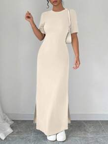 SHEIN PETITE Women's Summer Solid Split Thigh Tee Dress Without Bag Maxi Women Outfit Summer Dress - Apricot - View 5