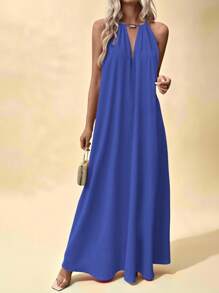Vesra 女士海滩夏季简约纯色锁孔领口露背吊带连衣裙超长度假海滩装 - 寶藍色 - 查看 4