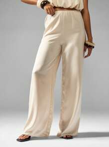 MISSGUIDED Pantaloni largi Palazzo pentru femei, satin, talie elastică, purtați pe haine de seară, lejeră, elegante, lejere, pentru birou, colecția de toamnă-iarnă - Caisă - Vizualizare 1