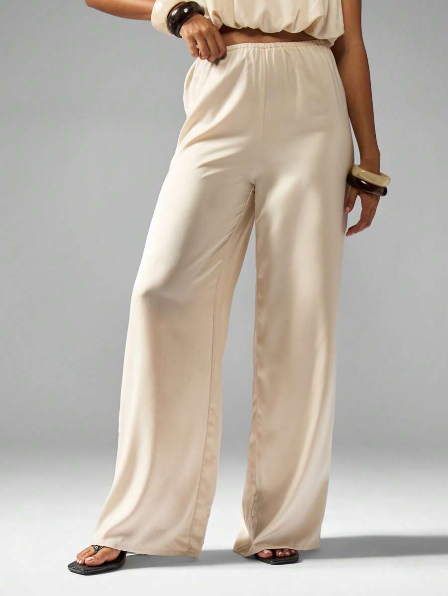 MISSGUIDED Pantaloni largi Palazzo pentru femei, satin, talie elastică, purtați pe haine de seară, lejeră, elegante, lejere, pentru birou, colecția de toamnă-iarnă - Caisă - Vizualizare 1