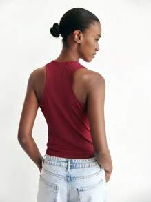 Maija Red Metal Decor Sleeveless Round Neck Fitted Women Tank Top, Minimalist Fashionable Sophisticated Urban Style, Essential Versatile Piece For Autumn/Winter, Halloween - Red - View 4