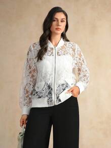 Flouryn Chaqueta bomber ligera de manga larga con cremallera, parche de encaje calado y bordado, de unicolor elegante, con solapa decorativa en el bolsillo, para mujer de talla grande, para otoño e invierno - Beis - Ver 5