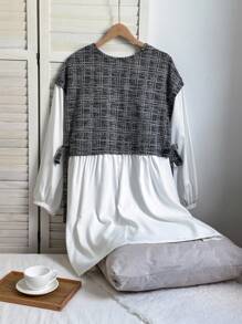 Comfortcana Retro Plaid Contrast Color Loose Fit Plus Size Women Long Sleeve Casual Dress - Multicolor - View 1