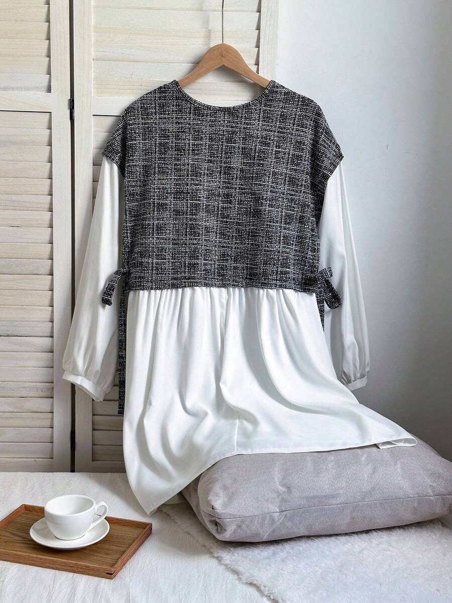 Comfortcana Retro Plaid Contrast Color Loose Fit Plus Size Women Long Sleeve Casual Dress - Multicolor - View 1